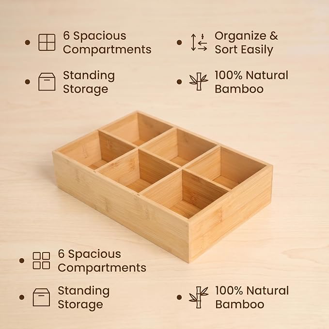 2 Pack Bamboo Small Desk Drawer Organizer with Adjustable Dividers, Wood Snacks and Tea Bag Organizer for Office, Bathroom, Makeup, Jewelry