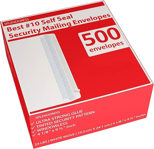 #10 Envelopes Letter Size Self Seal | 500 Business Mailing Security Peel and Sealing Envelope | 100% Tinted | no 10 White Windowless Legal Regular Plain Envelops Pack | 4-1/8 x 9-1/2 Inches | 24 LB