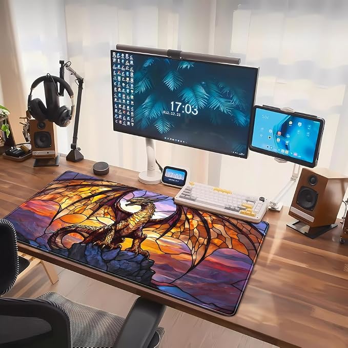Dragon Desk Mat Large Mouse Pad XXL Extended Gaming, Gamer Gift Play Mat Desk Mousepad with Stitched Edges, Keyboard Mouse Mat for Work Game Office 31.5x15.7 in-Gift for Boyfriend or Son