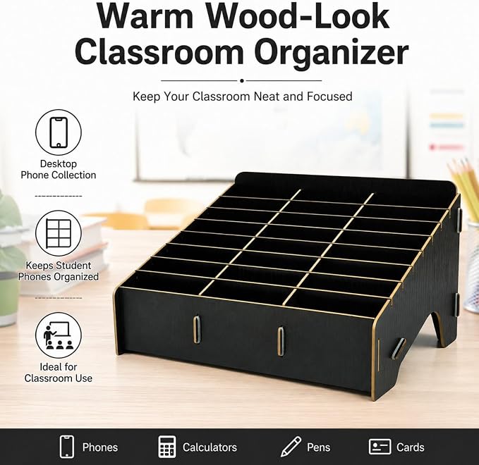 XICHENGSHIDAI 24 Slots Cell Phone Holder for Classroom, Wood-Look Phone Storage Box and Calculator Organizer for Teachers, School, Office and Meeting Room, Caddy and Ink Pad Organizer, Black