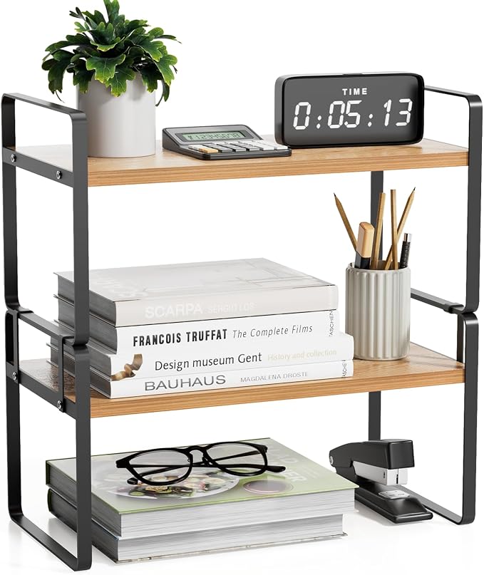 YGYQZ Desk Shelf Organizer for Top of Desk, Detachable 2 Tier Desktop Bookshelf, Wooden Desk Shelves Storage Rack, Small Desktop Shelf for Office Home Dorm, Tabletop Desk Organizer Stand (Black Wood)