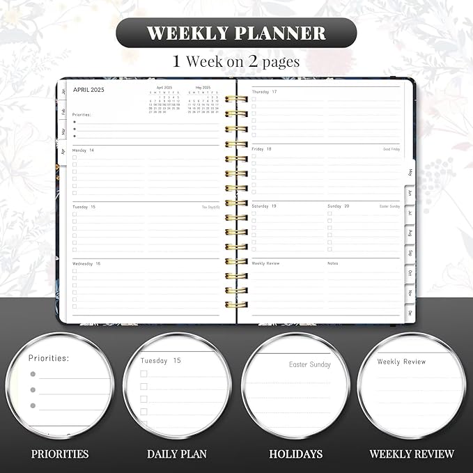 2025 Planner, 12 Month Calendars for Daily and Monthly Planner 2025, A5 Spiral Bound Weekly Planners with Tabs, Day Agenda Organizers from Jan. to Dec. (Black Bloss)