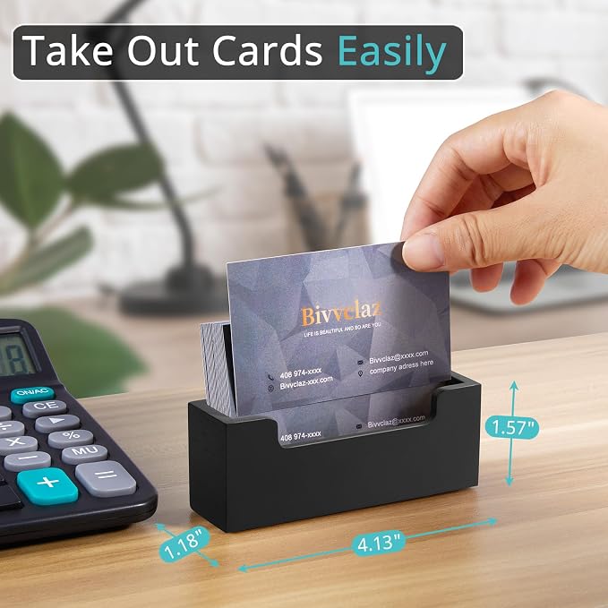 Bivvclaz Black Business Card Holder Desk, Wood Business Card Organizer Desktop Business Card Display Stand for Office Tabletop Exhibition, Small Business Essentials