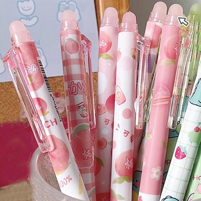 MOZXIRZ 6 Pcs Erasable Gel Ink Pens Retractable Pens Cute Pink Peach Pen Fine Point Pen Office School Supplies Women Pens (Black Ink-Peach)