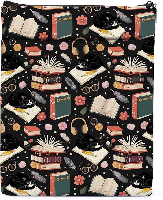 Cute Cat Book Sleeve, Book Lovers Gifts Sleeve with Zipper & Front Pocket, 11.4x8.8 Inch Canvas Books Cover Protector Bookish Gift for Readers Librarian Women Teacher, Cat Lover Gifts for Women