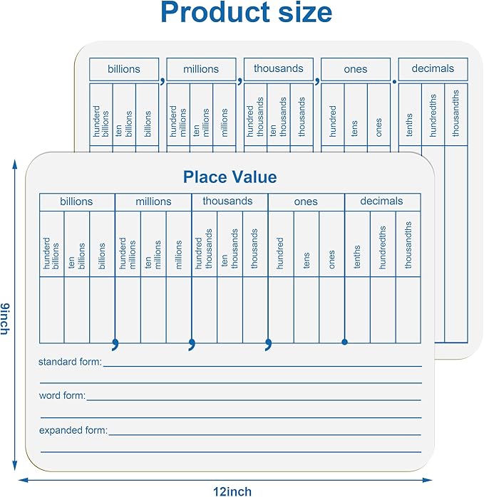 Dry Erase Place Value White Board, 9" x 12" Double Side Table Math Manipulatives Lapboard for Kids Students Classroom Home