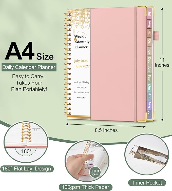 Academic Planner 2026-2027, Hardcover Weekly and Monthly Calendar Planner from July 2026 - June 2027, Daily Agenda Planners with Tabs, College School Organizer for Student Teacher, A4 (8.5" x 11"), Pink