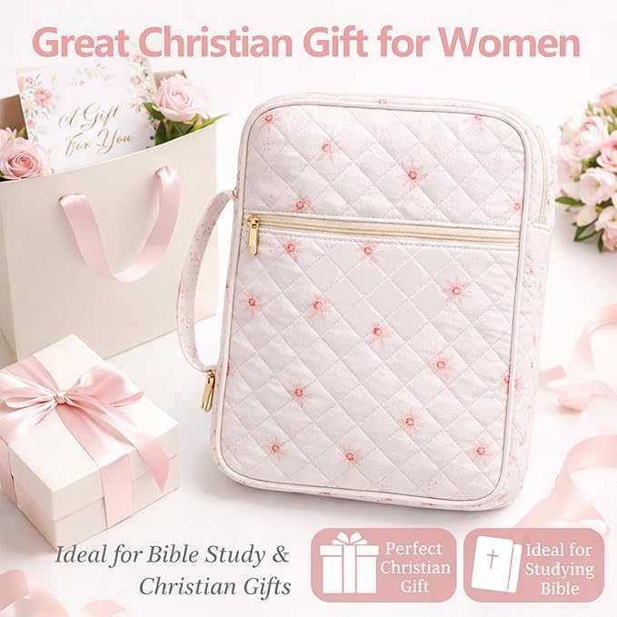 Bible Bag for Women, Bible Cover Case with Study Supplies,Large Quilted Bible Bag with Handle and Zipper, Suitable for Christian Books-Christian Gift for Girls(Lily)