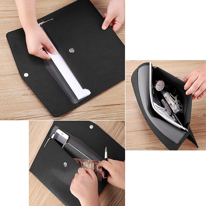 PU Leather A4 File Folder Document Holder Waterproof Portfolio Envelope Folder Case with Snap Closure Black