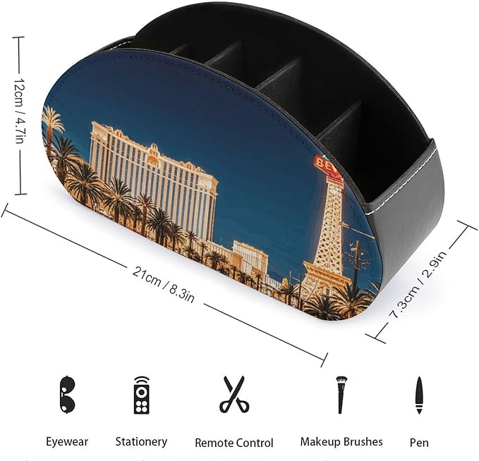 Las Vegas Night Remote Control Holder TV Remote Caddy with 5 Compartments PU Leather Storage Box Stylish Desk Organizer for TV/DVD/Accessories Desk Office Supplies Home
