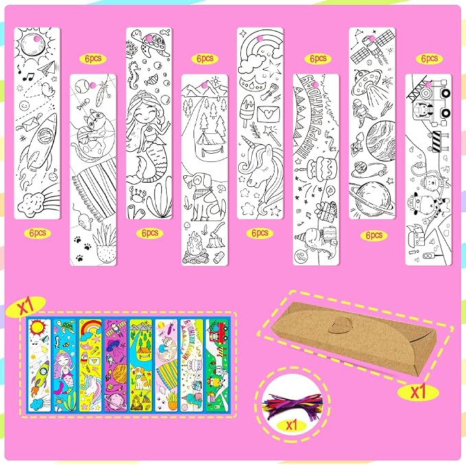 48 PCS Cute Bookmarks for Kids Bulk DIY Coloring Blank Color Your Own Bookmarks for Kids Teacher Classroom Party Game Prize Art Craft Birthday Supplies Reading Club Rewards