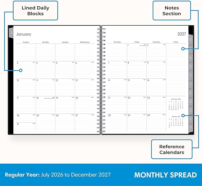Blue Sky 2027 18 Month Monthly Planner Calendar, July 2026 - December 2027, 8" x 10", Monthly Layout, Flexible Cover, Silver Wirebound, Laminated Tabs, Enterprise
