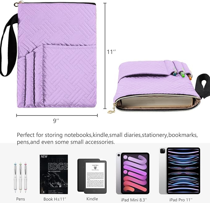 APLUFINE Book Sleeve With Zipper, 11"X9" Padded Book Protector, Washable Quilted Book Covers for Paperbacks, Book Pouch with Pockets for Kindle, Ipad, Book Lover Gifts