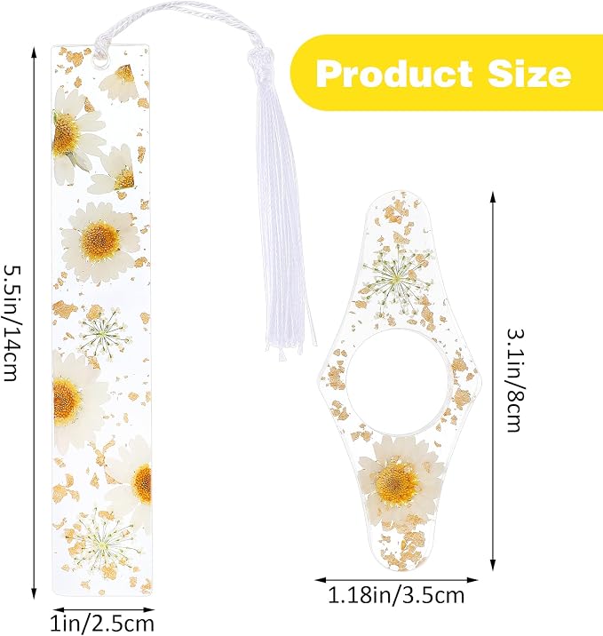 Gjinxi 2Pcs Book Page Holder, Dried Flower Resin Thumb Book Page Holder and Bookmark with Tassel, Book Accessories for Reading Lovers, Gift for Bookworm, Readers, Literary, Students, Teachers (White)