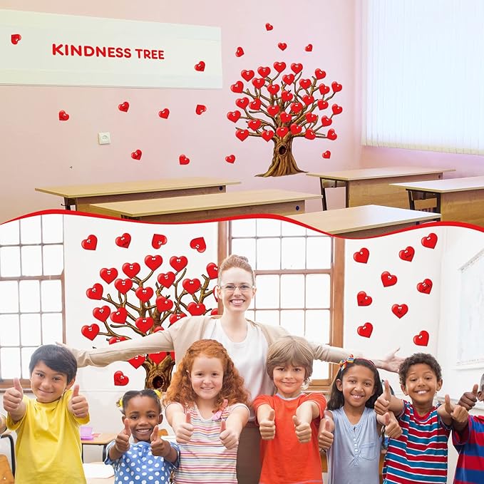 Gersoniel 90 Pieces Valentines Day Classroom Tree Bulletin Board Decorations Red Heart Cutouts Stickers for Classroom Home Wall Background Banner Decor