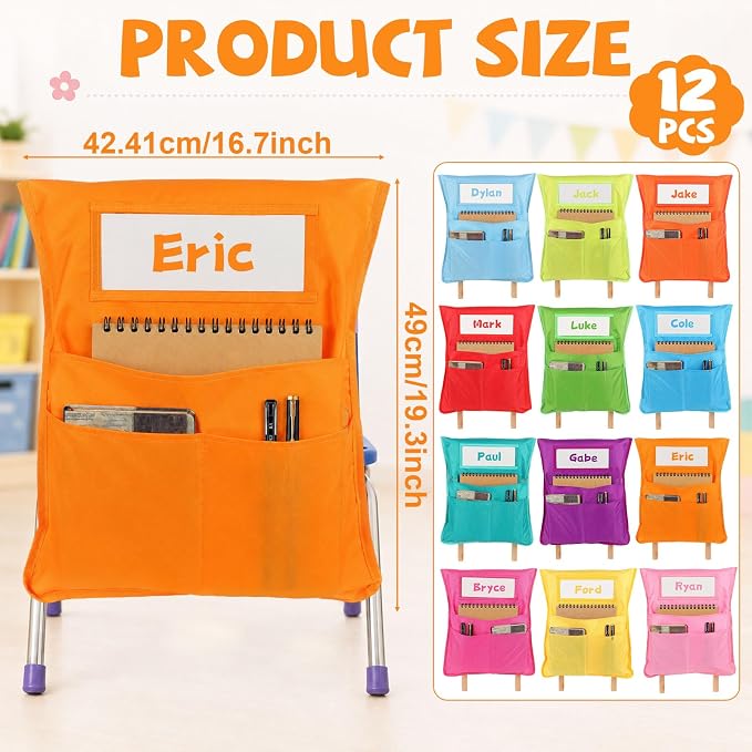 12pcs for Classroom 16.3x19.7inch Classroom Chair Pockets with Name Tag 3 Pockets Chair Organizer for Teacher Student School Office(Rainbow)