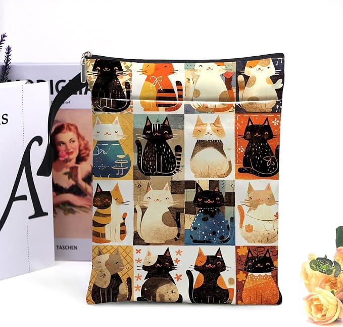 Cat Book Sleeve - Book Covers with Zipper, Book Covers for Paperbacks, Cat Themed Gifts for Women, Graduation Birthday (Black, Large)