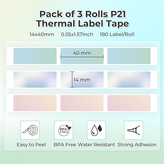 NELKO P21 Genuine Adhesive Green/Blue/Pink Paper 14x40mm (0.55inx1.57in) 180 Labels/Roll, 3 Roll, for Home Office School Organization, Gift for Decoration, Compatible with P21 Label Maker