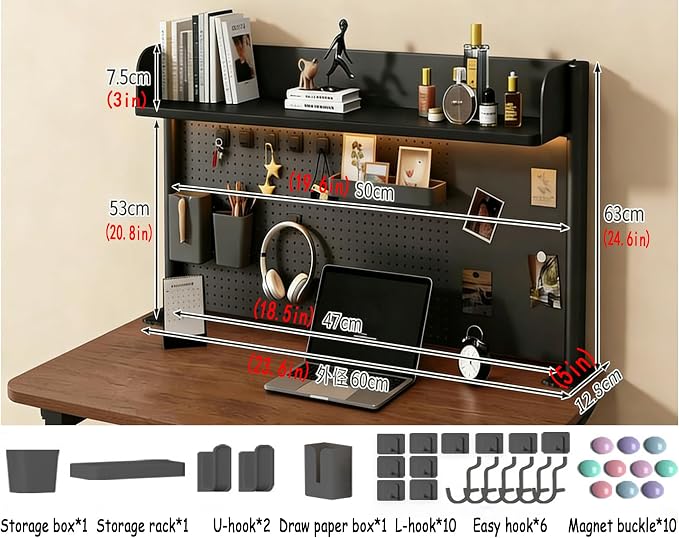23.6 Inch Clip-on Desktop Organizer Bookshelf with Pegboard, Desk Shelf Organizer, Multipurpose Computer Desk Desktop Bookshelf, Desk Extender Pegboard Clamp, Desktop Display (Black)