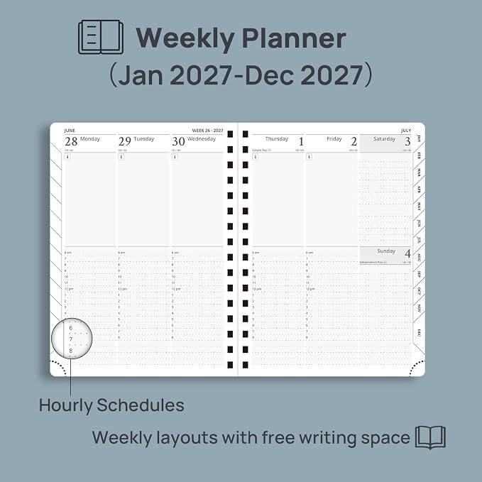 POPRUN 2027 Planner Daily Weekly and Monthly Calendar with Hourly Schedule(Medium Size 8.5'' x 6.25'' Wire-Bound Hard Cover) - Agenda 2026 (Jan.2027-Dec.2027), Monthly Tabs - Night Sky Navy Blue