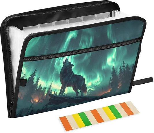 ALAZA Wolf Tree Night 13 Pocket Expanding File Folder with Labels, Accordion File Folder File Organizer Letter A4 Paper for Office School Student