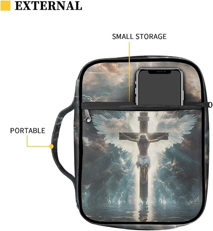 Suobstales Cross Angel Wings Print Bible Cover Portable Carrying Book Case Multi-Functional Bible Case Bible Organizer Case with Handle and Zippered Back Pocket