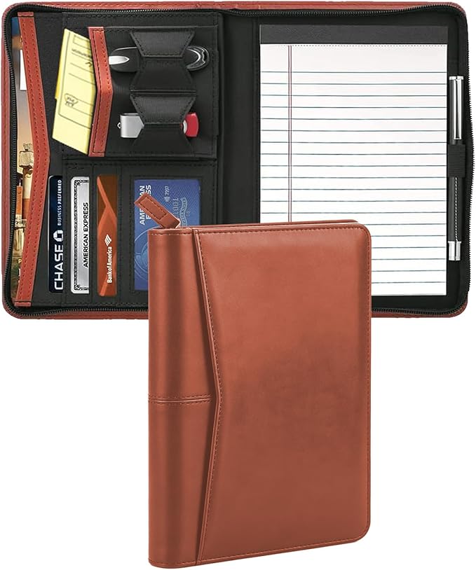 Junior Padfolio Portfolio with 5 x 8 Writing Pad, A5 Business Portfolio Binder Folder Organizer Multi-Function Combination Case for Men Women, Brown