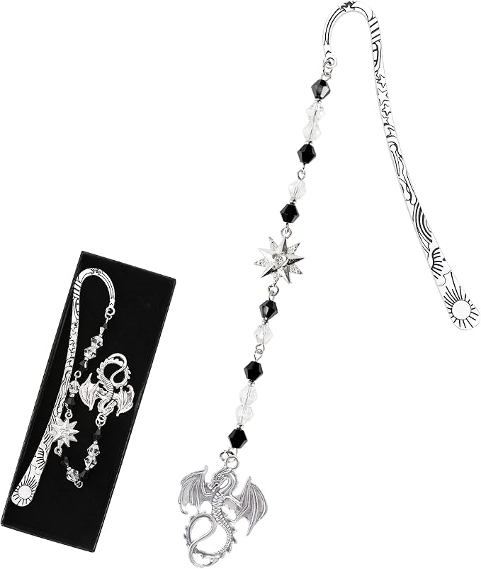 Fantasy Dragon Metal Bookmark - Silver Vintage Wing Beaded Hook Book Marks Fourth Star Charm Cool Unique Page Mark Office School Supplies Gifts for Men Students Teachers Reading Lover Reader