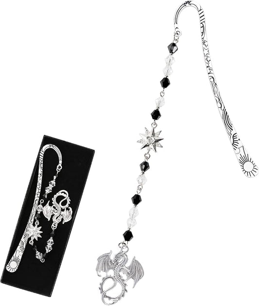 Fantasy Dragon Metal Bookmark - Silver Vintage Wing Beaded Hook Book Marks Fourth Star Charm Cool Unique Page Mark Office School Supplies Gifts for Men Students Teachers Reading Lover Reader