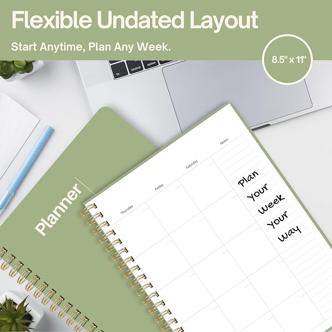 Undated Weekly Planner, 8.5" x 11", Dashboard Layout with Yearly Review, Monthly Calendars, & Weekly To Do List, Spiral Bound Organizer for Work, Study & Life (Green)