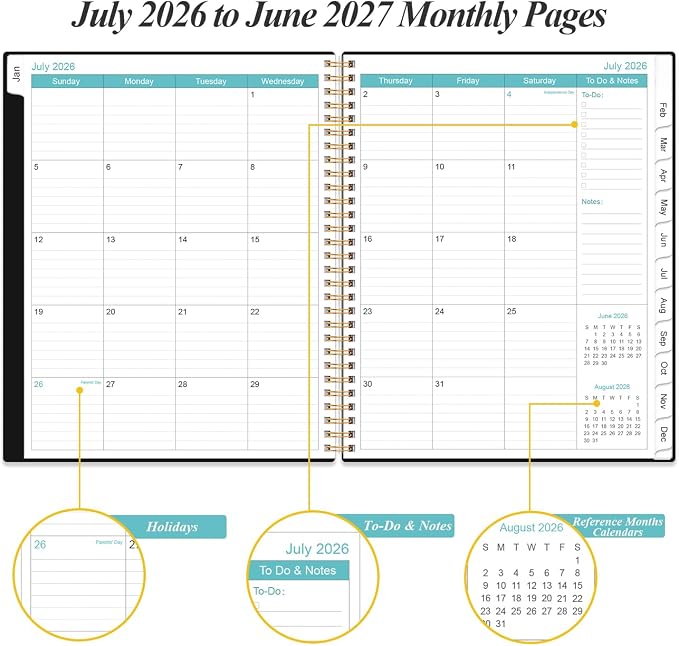 Planner 2026-2027 For Women & Men - Monthly and Weekly Calendar Planner from July 2026 - June 2027, Student Planning with 12 Tabs for Office School Supplies, Inner Pocket, 8.5" x 11", Black