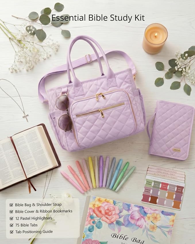 BellaHold Large Bible Bag with Bible Cover Case for Women, Church Bag with Bible Study Supplies & Shoulder Strap, Quilted Bible Tote Bag, Christian Gift for Women, Light Purple