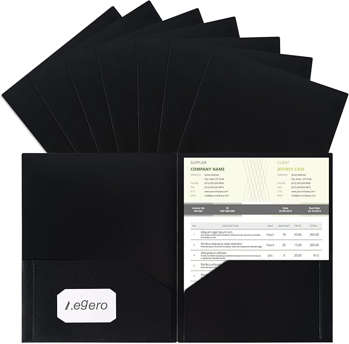 Aegero Plastic Folders with Pockets (7 Pack, Black), Durable Heavy Duty File Folders with Business Card Slot, 2-Pocket Folder for Schoolwork & Office,Letter Size