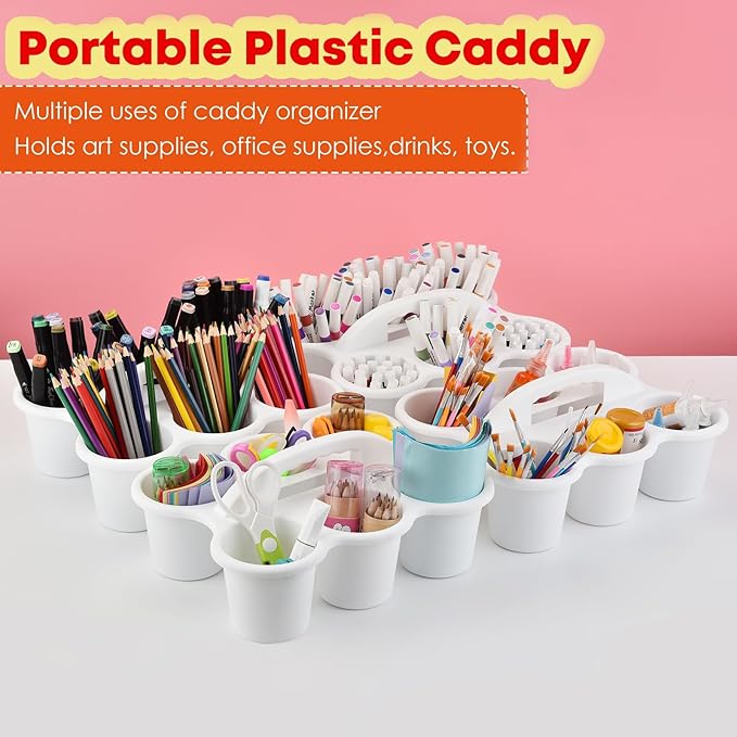ALINK 6 Pack Classroom Caddy Storage Basket with Handle, Plastic Drink Cup Caddy Holder, 6 Compartments for Kids, Table, Office, Arts, Crafts, Crayon, Marker, Pencil, School Supplies - White