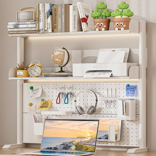 Adjustable Desktop Hutch Bookshelf, Desk Shelf Organizer with Pegboard and Thickened Metal Frame, 2 Tier Display Rack, Countertop Storage, Wood Bookcase for Home, Dorm or Office, White, 38.9" W