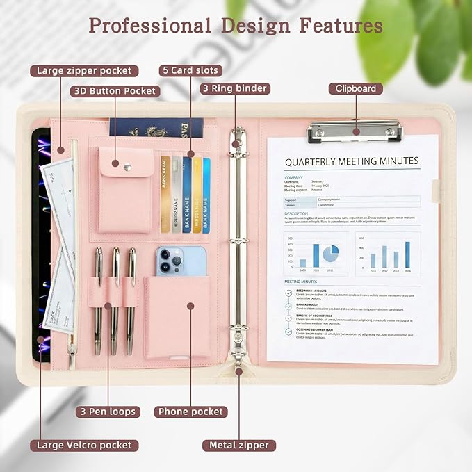 Zippered Padfolio with 3-Ring Binder & Clipboard, PU Leather Portfolio Organizer for Men Women, A4 Document Holder with Phone Pocket Pen Loops Card Slots, Professional Business Folder Rose Gold