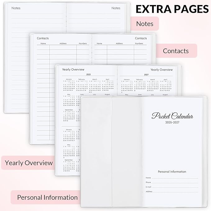 KONVINIT Pocket Calendar 2025-2027, Pocket Planner 2026-3.7" x 6.7" - Runs from July 2025 Until December 2027, Monthly Planner 2025-2027 with PVC Cover for Planning, Pink