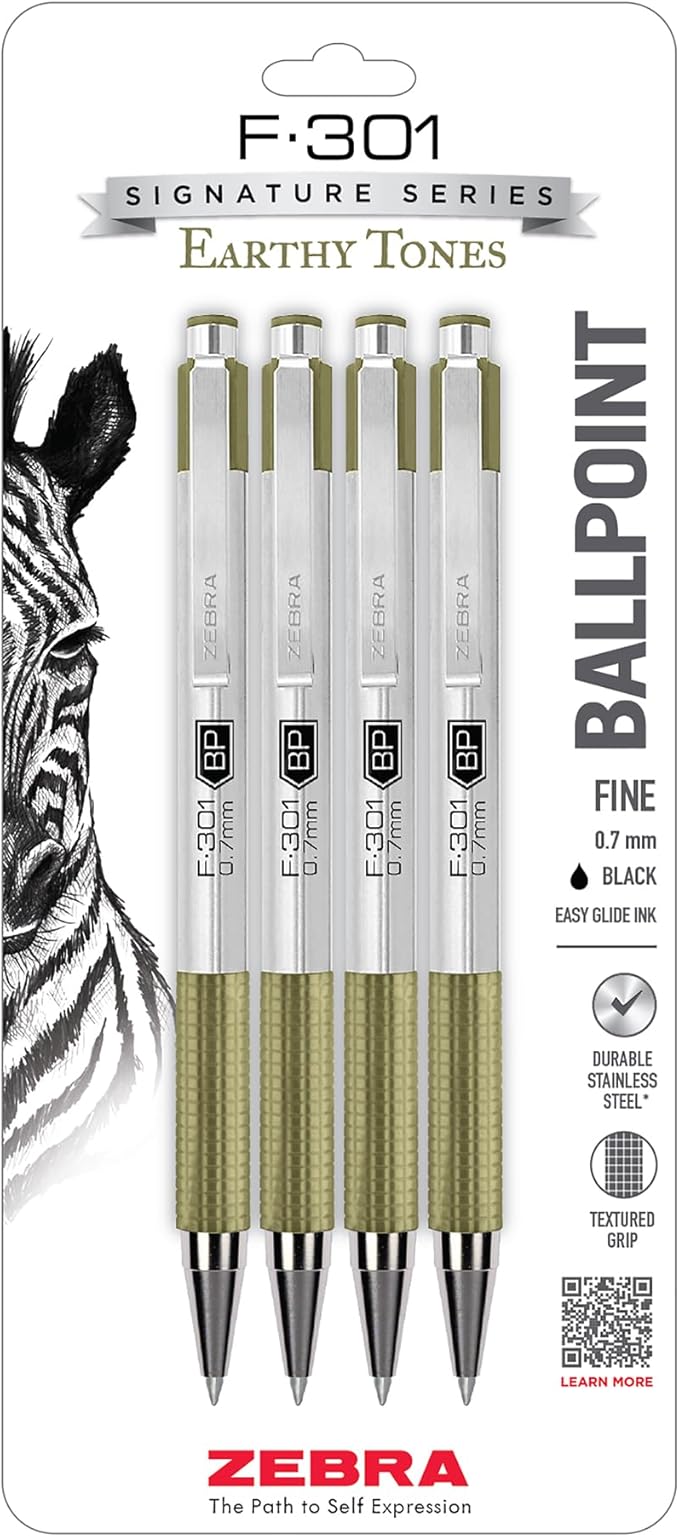 Zebra Pen F-301 Signature Series Retractable Ballpoint Pen, 0.7mm, Black Easy-Glide Ink, Stainless-Steel Barrel with Sage Earth Tone Accents, Ideal for Office, Journal and Planner Use, 4-Pack (27244)
