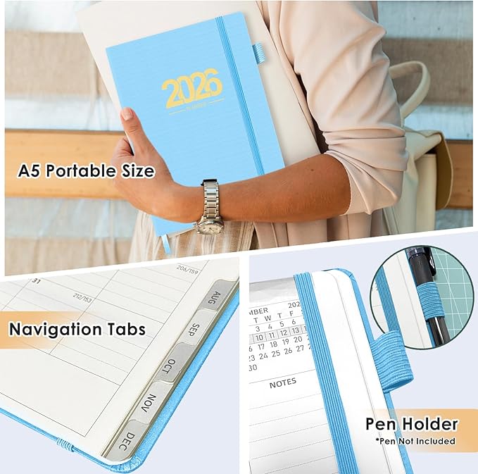 TIIKKASI 2026 Calendar Year Planner Weekly Monthly (Jan - Dec) 6'' x 8.5'' - Lined Journal Notebook Minimalist Agenda Notes, Linen Cloth Book Bound Hard Cover, For School Business Office, Blue