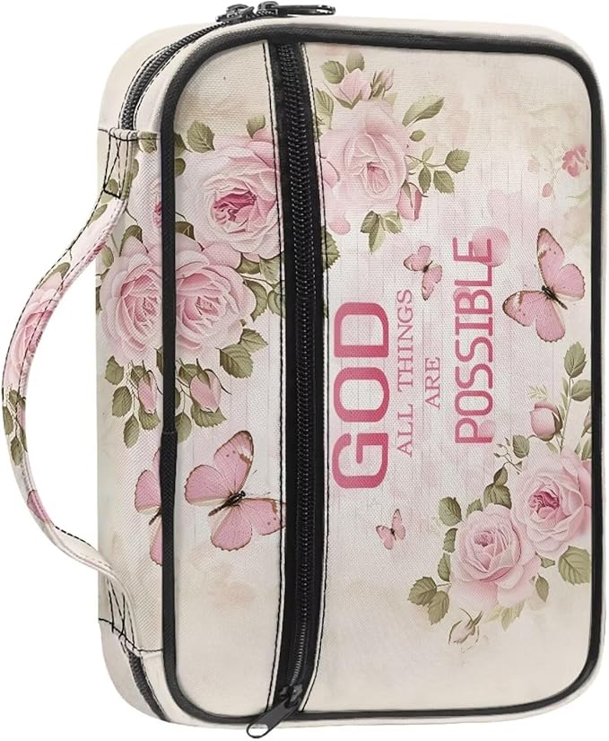 Pink Roses Butterfly Bible Covers for Women Men Zippered Bible Carrier Book Bag, with GOD All Things are Possible Print Church Bag Bible Protective with Handles Christian Gifts