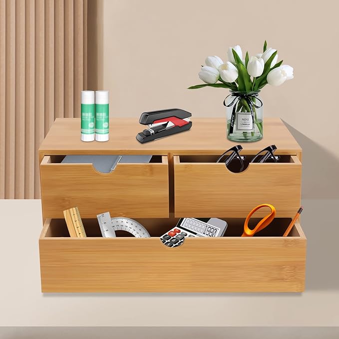 Bamboo Desk Organizer With 3 Drawers, 3 Drawers Counter Storage Countertop Drawers Box,Modern Tabletop Organizer No Assembly Required For Office Supplies, Home, Makeup And Toiletries