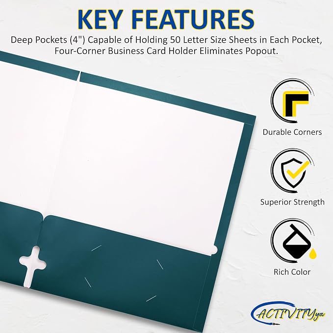 10 Pack Two Pocket Folders, Teal, Strong Thick Paper Folders, for Letter Size, by ACTIVITYya