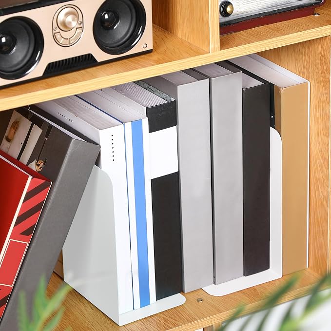 Beeveer 6 Pairs Metal Bookends Book Stopper for Shelves Office Book Holder Library Bookend for Heavy Books Desk Home Bookshelf School (White)
