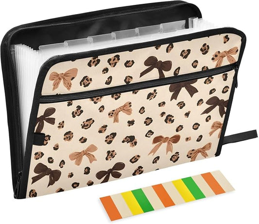 Expanding File Folder Leopard Print Cheetah Bow Pattern Accordion File Organizer 13 Pockets Document Organizer with Zipper Labels A4 Letter Office Storage