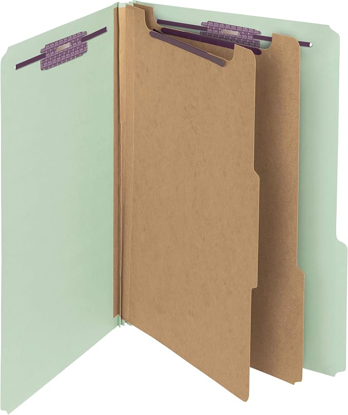 Smead Pressboard Classification Folder with SafeSHIELD Fasteners, 2 Dividers, 2" Exp, 1/3-Cut Tab, Legal Size, Gray/Green, 10 per Box (19215)