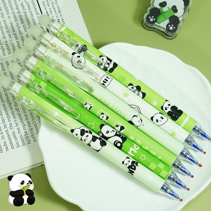 12-Pack Cute Erasable Pens, 0.5mm Fine Tip Blue Ink Retractable Pen, Adorable Capybara Stationery Set, Ideal for Office, School, Women and Men(Blue Ink - Panda)