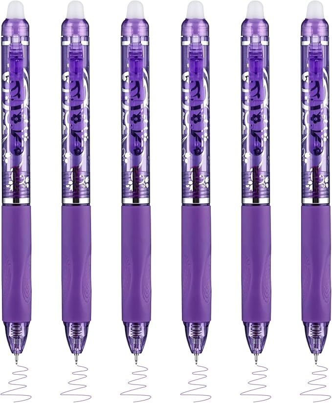 6 Pcs Retractable Erasable Pens, Colored Gel Purple Ink Pens Clicker with Erasers, 0.5mm Fine Point Smooth Writing Pen for Journaling Note-Taking Crossword Puzzles Supplies (Purple)