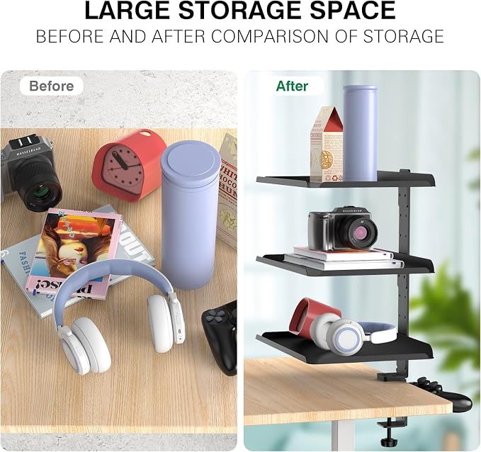 3 Tier Clamp On Desk Shelf - Over Or Under Table Clamp,with Adjustable Metal Storage Tray Headphone Stand with No Drill Installation, for Home Office, Gaming Devices,Storage Tray,and More