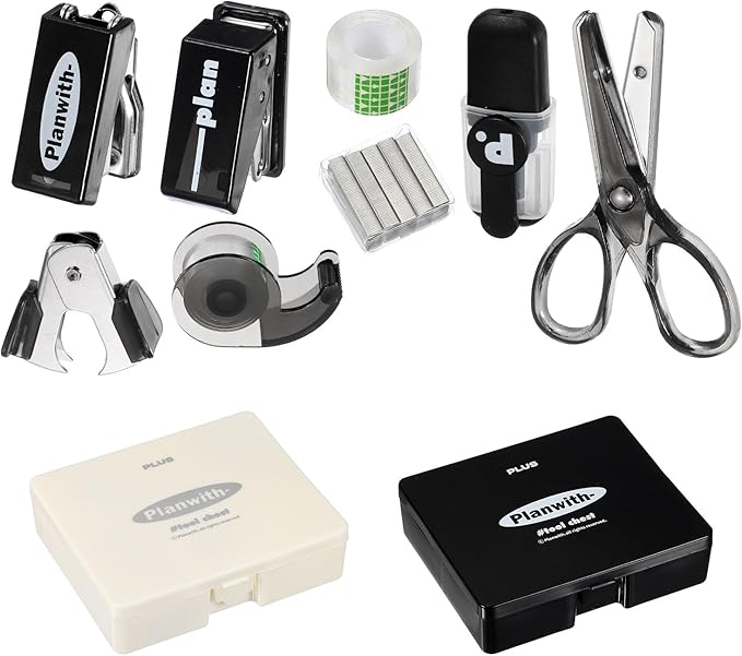 PATIKIL 2 Pack Office Supplies Set, 8pcs Desk Supplies Set Stapler Tape Dispenser Scissors Accessories Kit Mini Office Supply Kit Cute Small for Desk Women Organizer, Black White