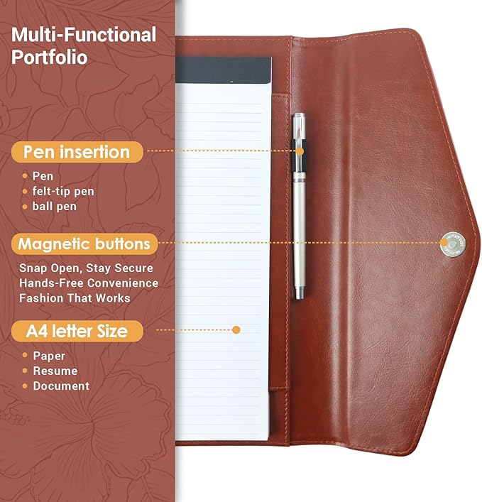 Padfolio Portfolio Organizer Binder, Professional Embossed Faux Leather Interview Resume Folder with Magnetic Closure, Trifold A4 Letter Writing Pad Holder